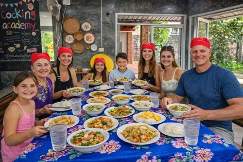 משפחה משתתפת יחד בסדנת בישול תאילנדי
